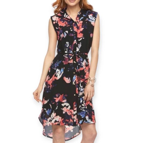 APT.9 BLACK W/PINK & PURPLE FLOWERS SLEEVELESS SHIRT DRESS SZ.XS EUC. - Picture 1 of 8